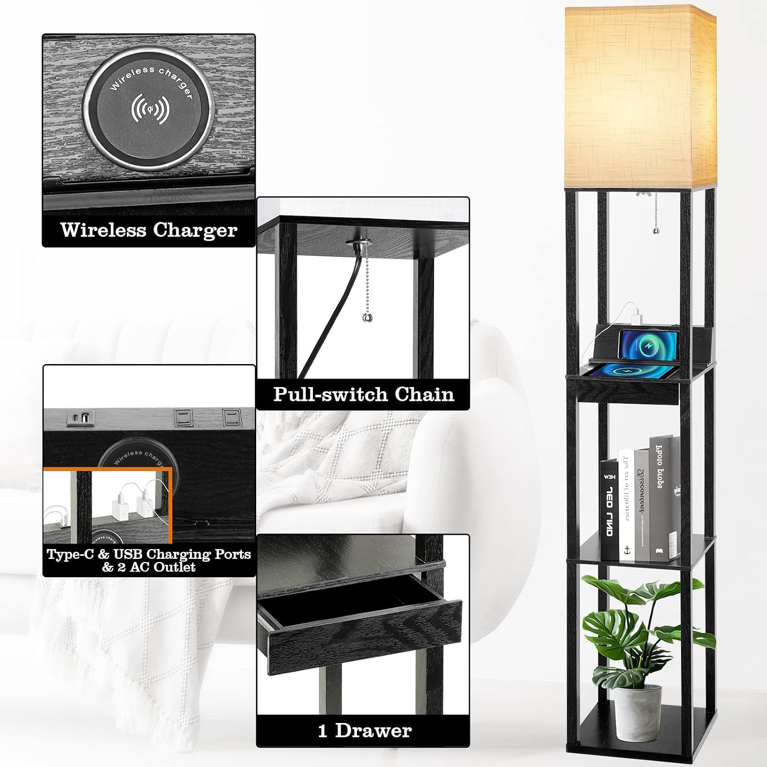 Floor Lamp with Shelves, RUNTOP LED Shelf Floor Lamp with Wireless Charger & 2 Charging USB Ports & Drawer, AC Outlet, 3 Color…
