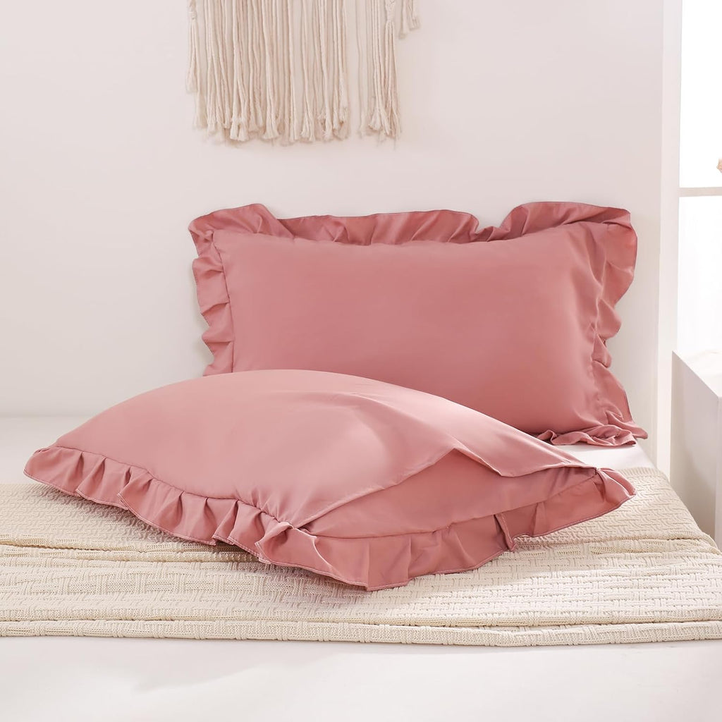 Merryword Pink Mocha Pillowcases King Pillowcases Ruffled Pillow Shams Set of 2 Cute Pillowcases Solid Ruffled Fringe Design Pink Shabby Ch…