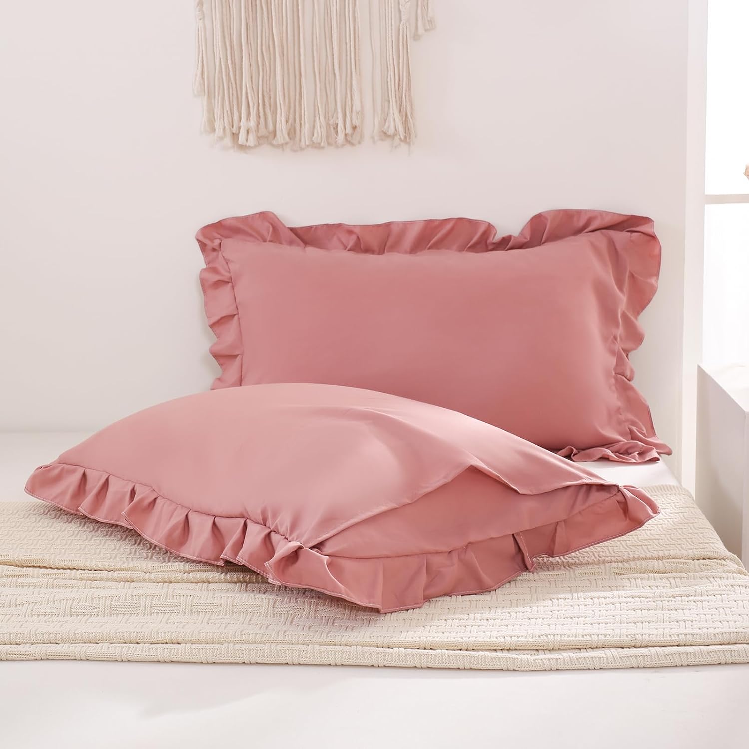 Merryword Pink Mocha Pillowcases King Pillowcases Ruffled Pillow Shams Set of 2 Cute Pillowcases Solid Ruffled Fringe Design Pink Shabby Ch…
