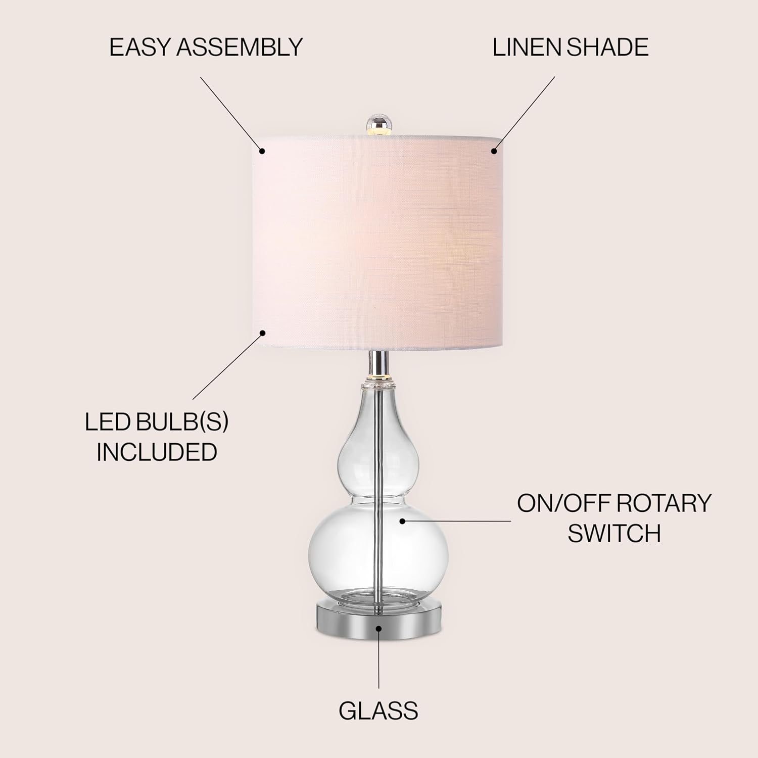 JONATHAN Y 20.5" Clear Glass Table Lamp, Modern Gourd Bedside Nightstand Lamp for Bedroom, Living Room, White Linen Shade, LED Bulb…