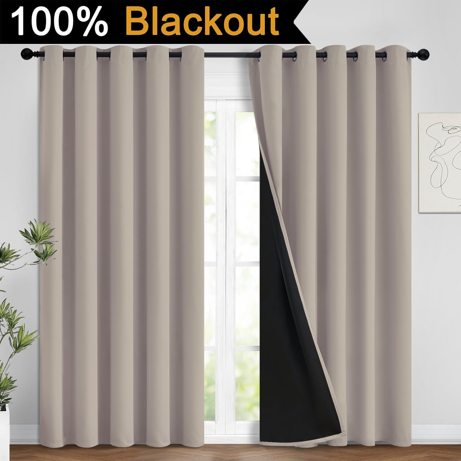 Yakamok 100% Blackout Curtains 63 Inches Long, 2 Thick Layers Heat and Full Light Blocking Soft Thermal Insulated Drapes for Bedroom(62" Wi…