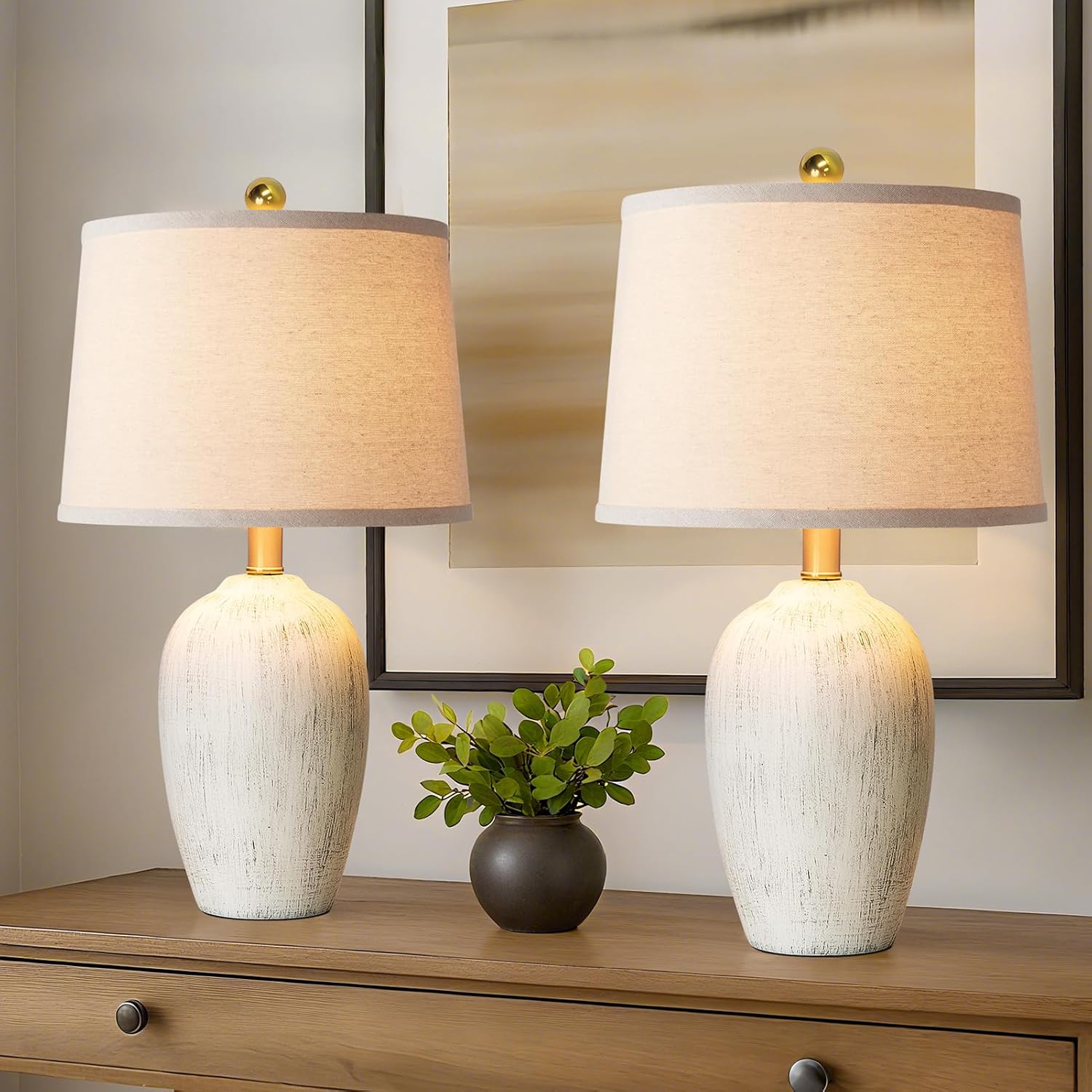 Aieampdo 21'' Set of 2 Rustic Ceramic Small Table Lamps for Living Room Bedroom, Farmhouse Vintage Nightstand Lamps for Office Entryway End…