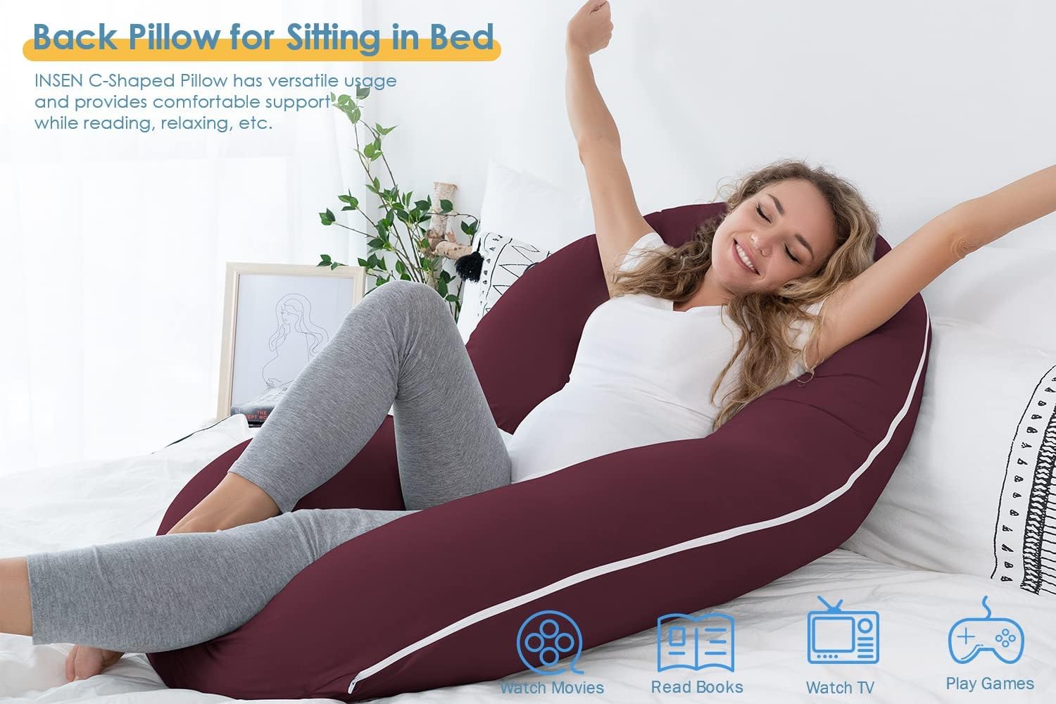 INSEN Pregnancy Pillow, Maternity Body Pillow with Velvet Cover, C Shaped for Side Sleeping, Dark Purple