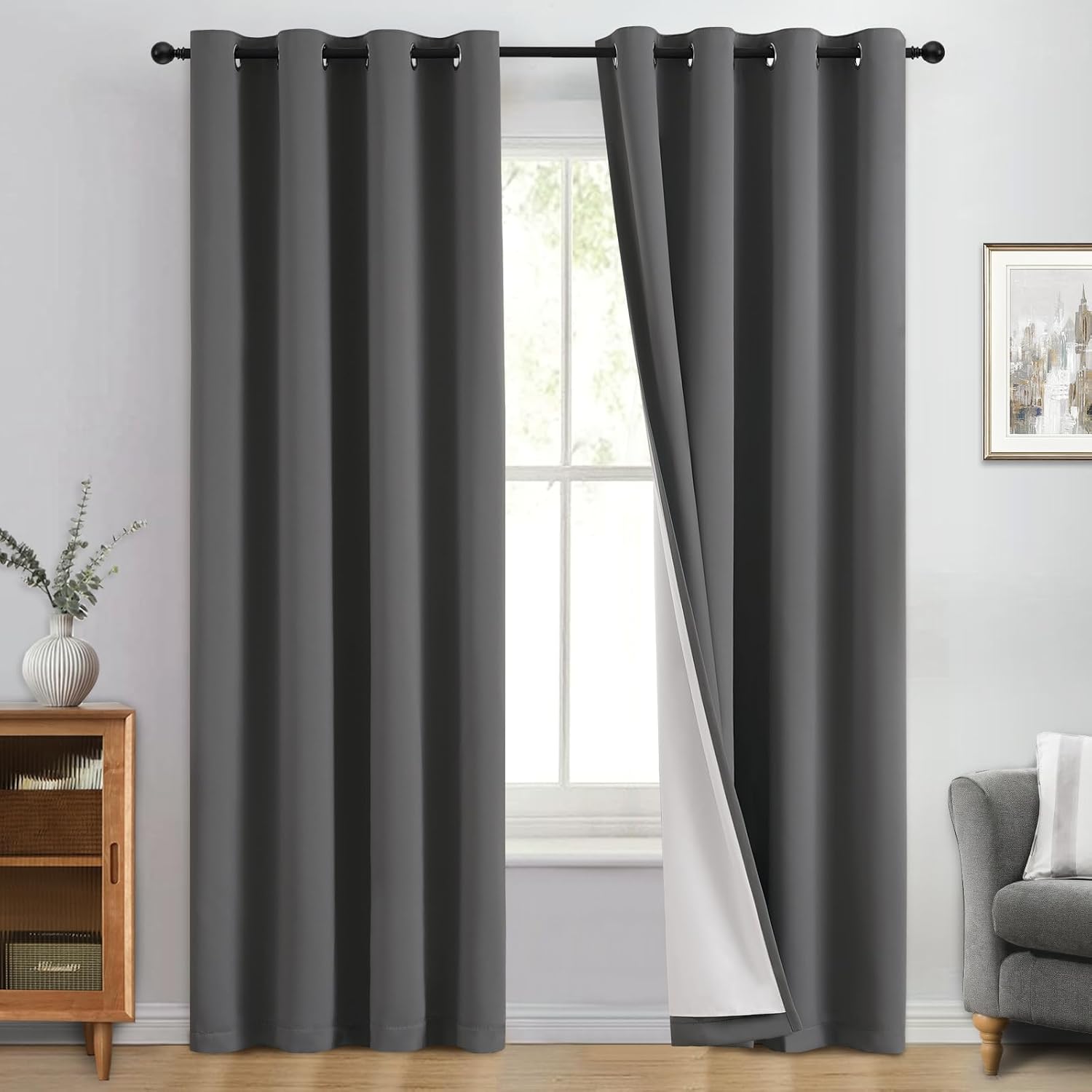 Yakamok 100% Blackout Curtain Panels 84 inches Cold and Light Blocking Drapes for Nursery, 2 Thick Layers Thermal Insulated Draperies (2 Pi…