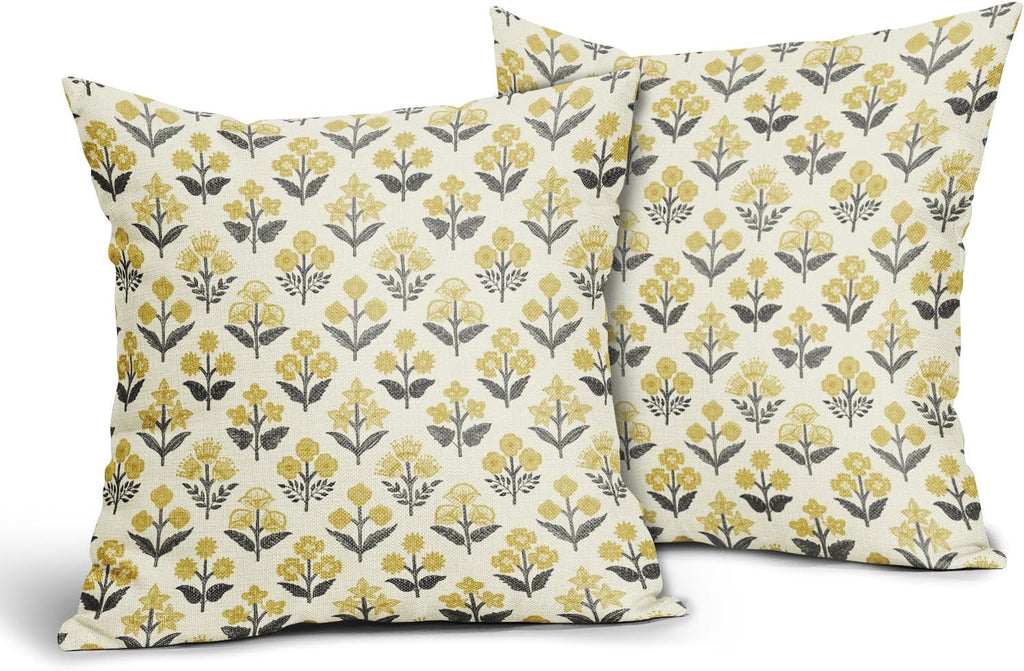 Black Yellow Floral Pillow Covers 20x20 Inch Set of 2, Vintage Flower Block Print Spring Summer Decorative Throw Pillowcases Outdoor…