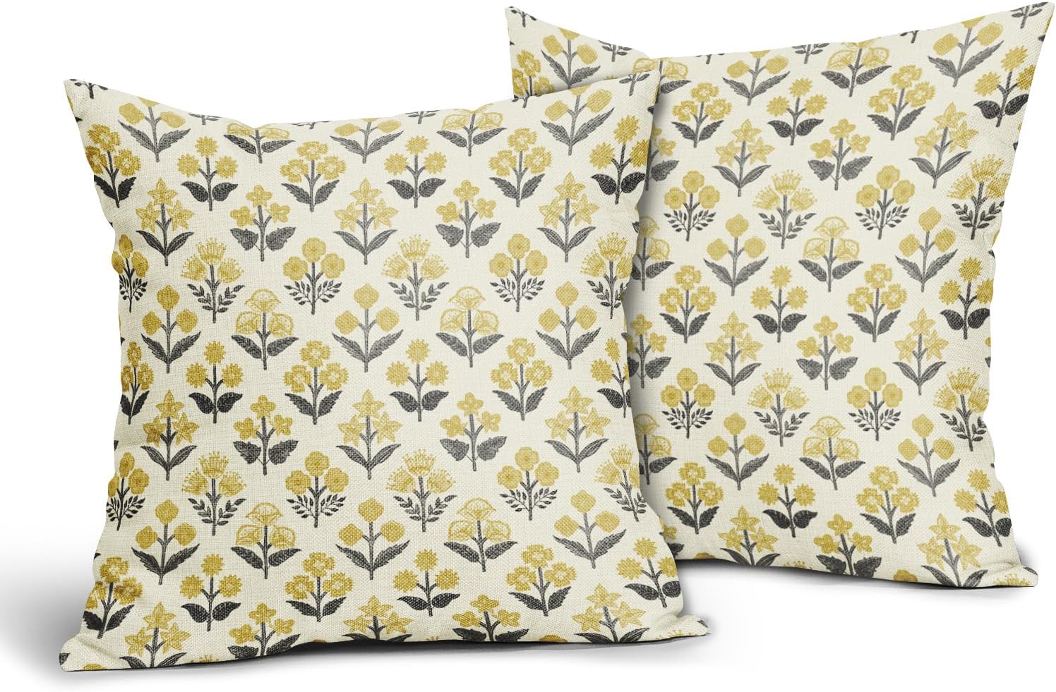 Black Yellow Floral Pillow Covers 24x24 Inch Set of 2, Vintage Flower Block Print Spring Summer Decorative Throw Pillowcases Outdoor…