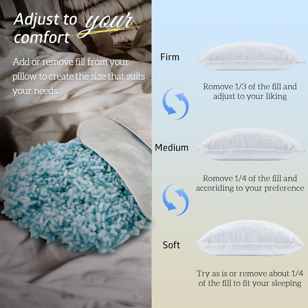 BETU Cooling Pillows Standard Size Set of 4, Shredded Memory Foam Bed Pillows, Adjustable Firm Support Cool Pillow for Neck Pain and Side…