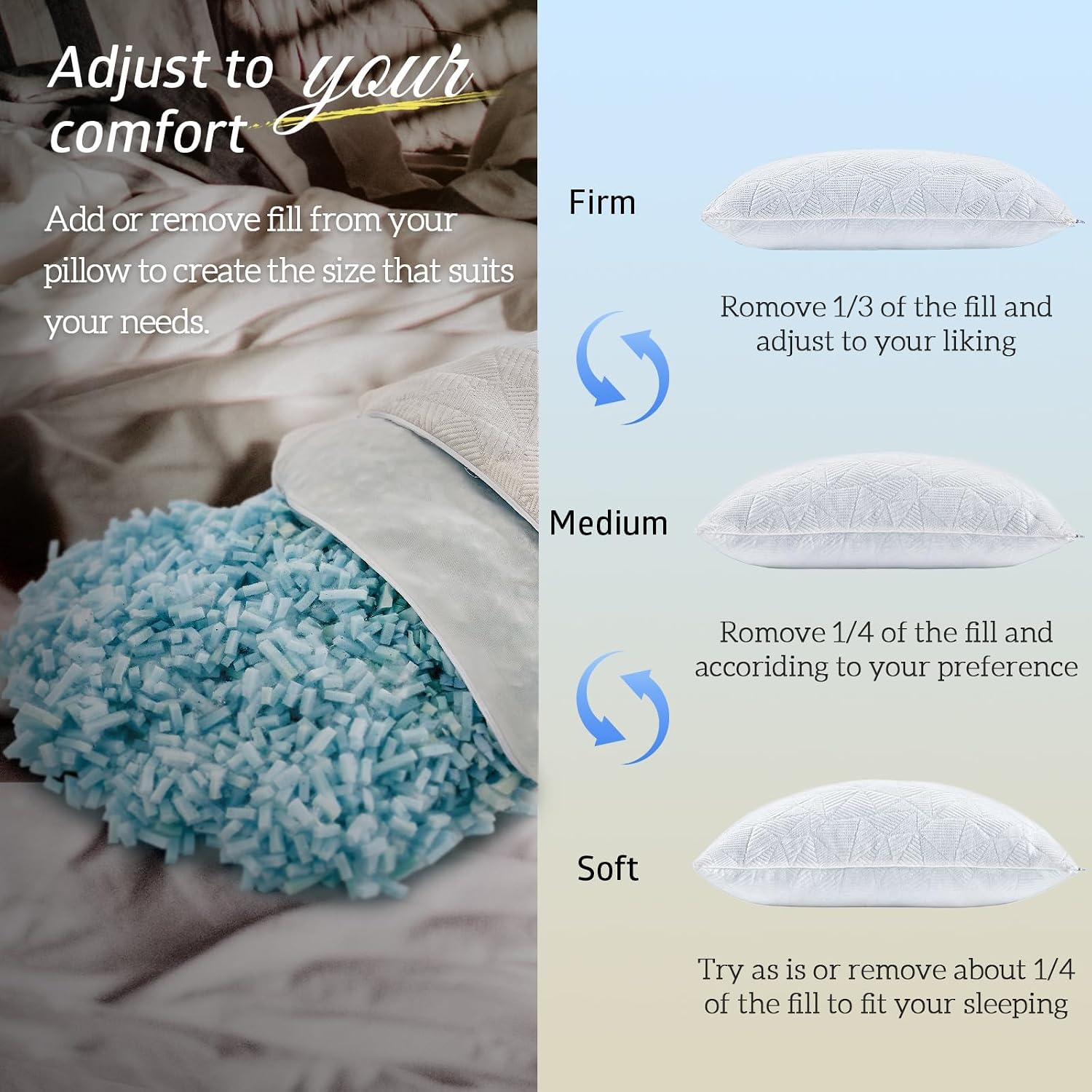BETU Cooling Pillows Standard Size Set of 4, Shredded Memory Foam Bed Pillows, Adjustable Firm Support Cool Pillow for Neck Pain and Side…