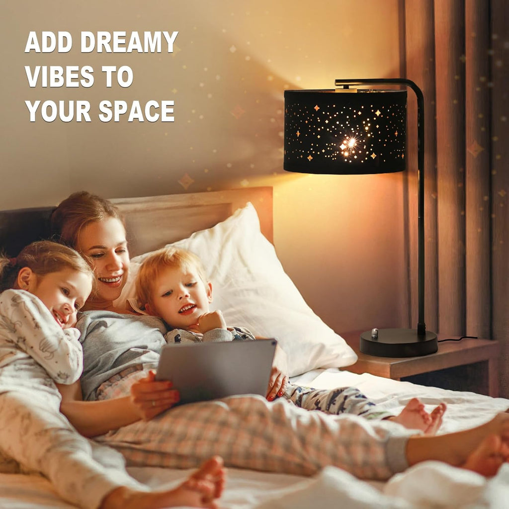 Bedside Table Lamp with USB C+A Ports, Fully Dimmable Modern Nightstand Side Lamps with Stars Shade, Tall Desk Reading Lamps for Living…