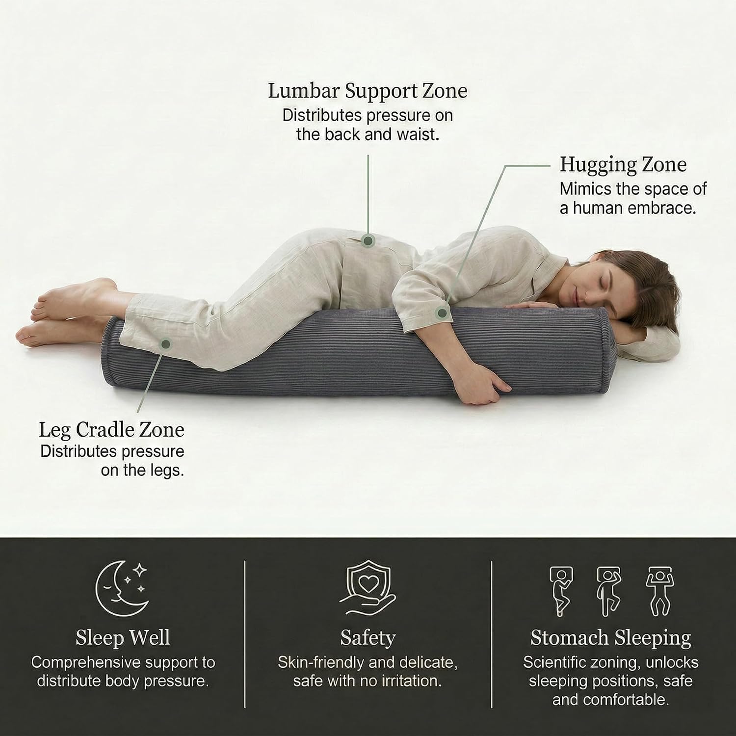 Corduroy Full Body Cylinder Pillow for Adults, Cozy Bolster Pillow for Bed & Sofa, Soft Support Hugging Pillow, 59 x 7.87 Inches, Dark Grey