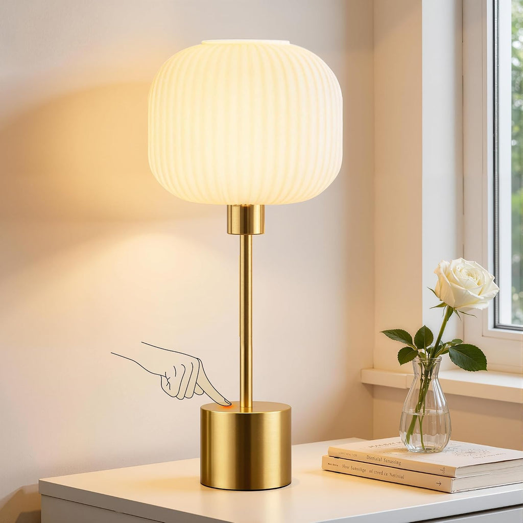 QiMH Glass Table Lamp for Living Room, Modern Bedside Lamp with Gream Ribbed Glass Shade, 3-Way Dimmable Touch Control Nightstand Lamp…