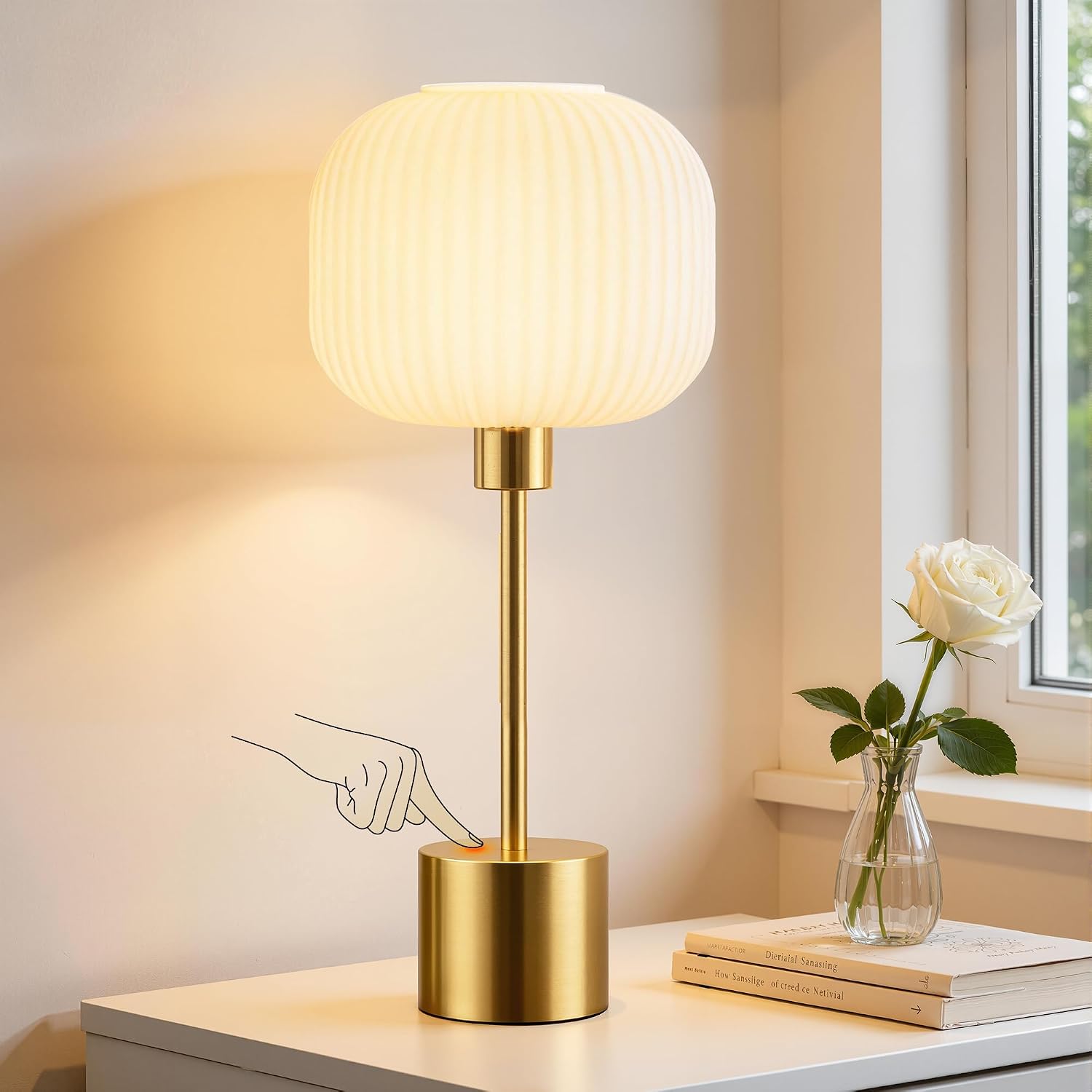 QiMH Glass Table Lamp for Living Room, Modern Bedside Lamp with Gream Ribbed Glass Shade, 3-Way Dimmable Touch Control Nightstand Lamp…