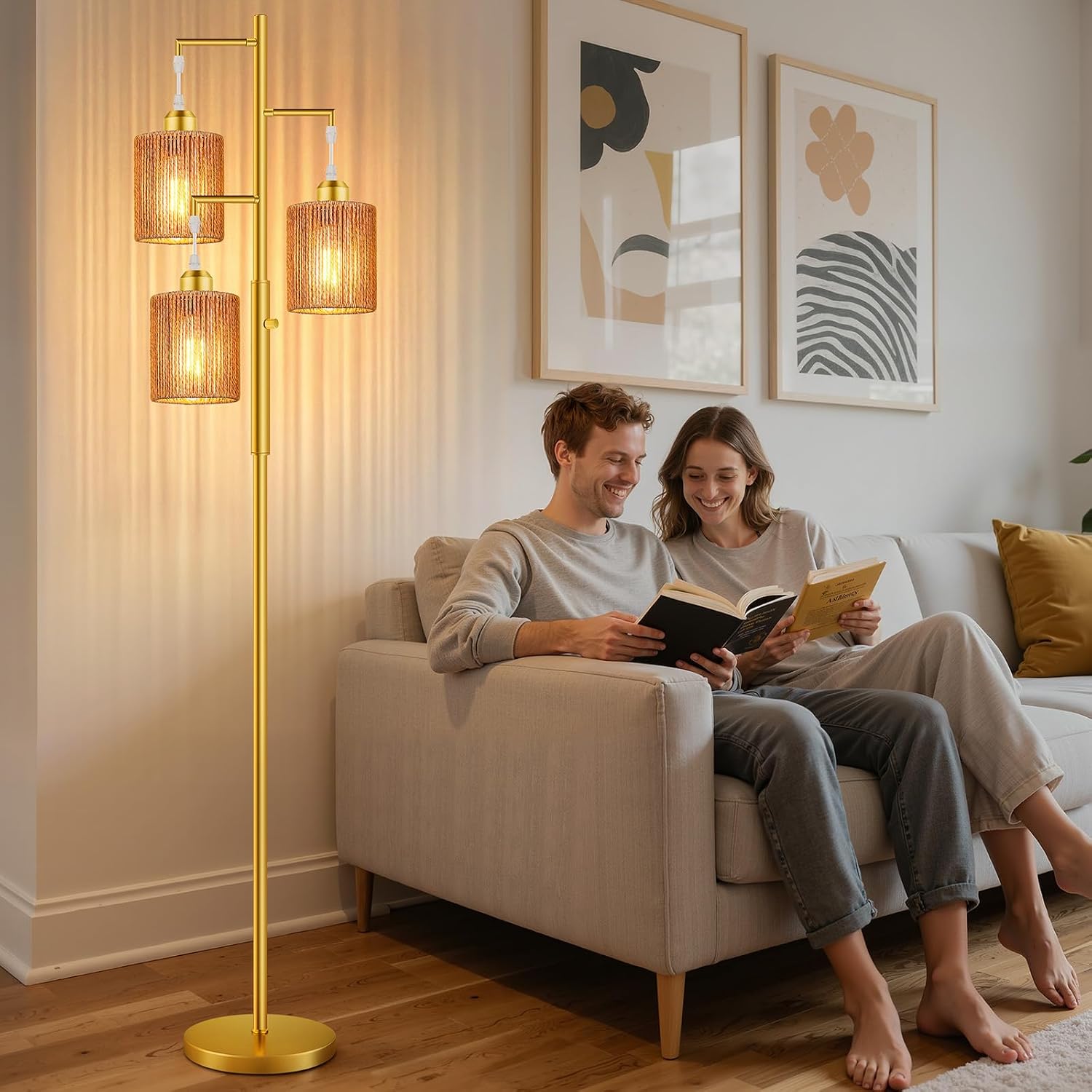 Hotsonic 72" Tall Boho Rattan Style Floor Lamp with Hand-Woven Paper Cord Shade, Dimmable Industrial Tree Standing Lamp for Living Room…