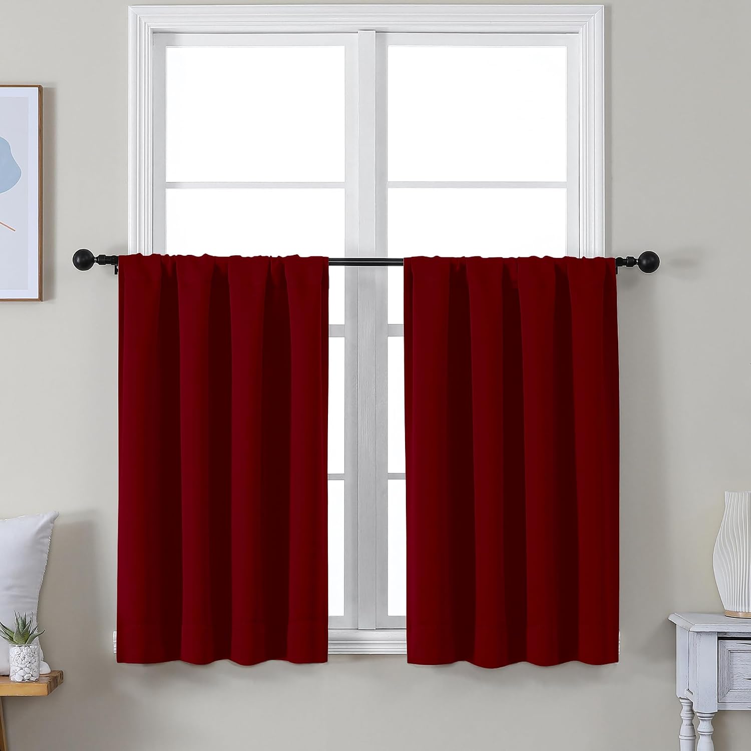 Simplebrand Ava Red Short 36 Inches Blackout Curtain 2 Panels Set, Half Window Rod Pocket Privacy Curtain Tiers for Kitchen, Curtains Black…