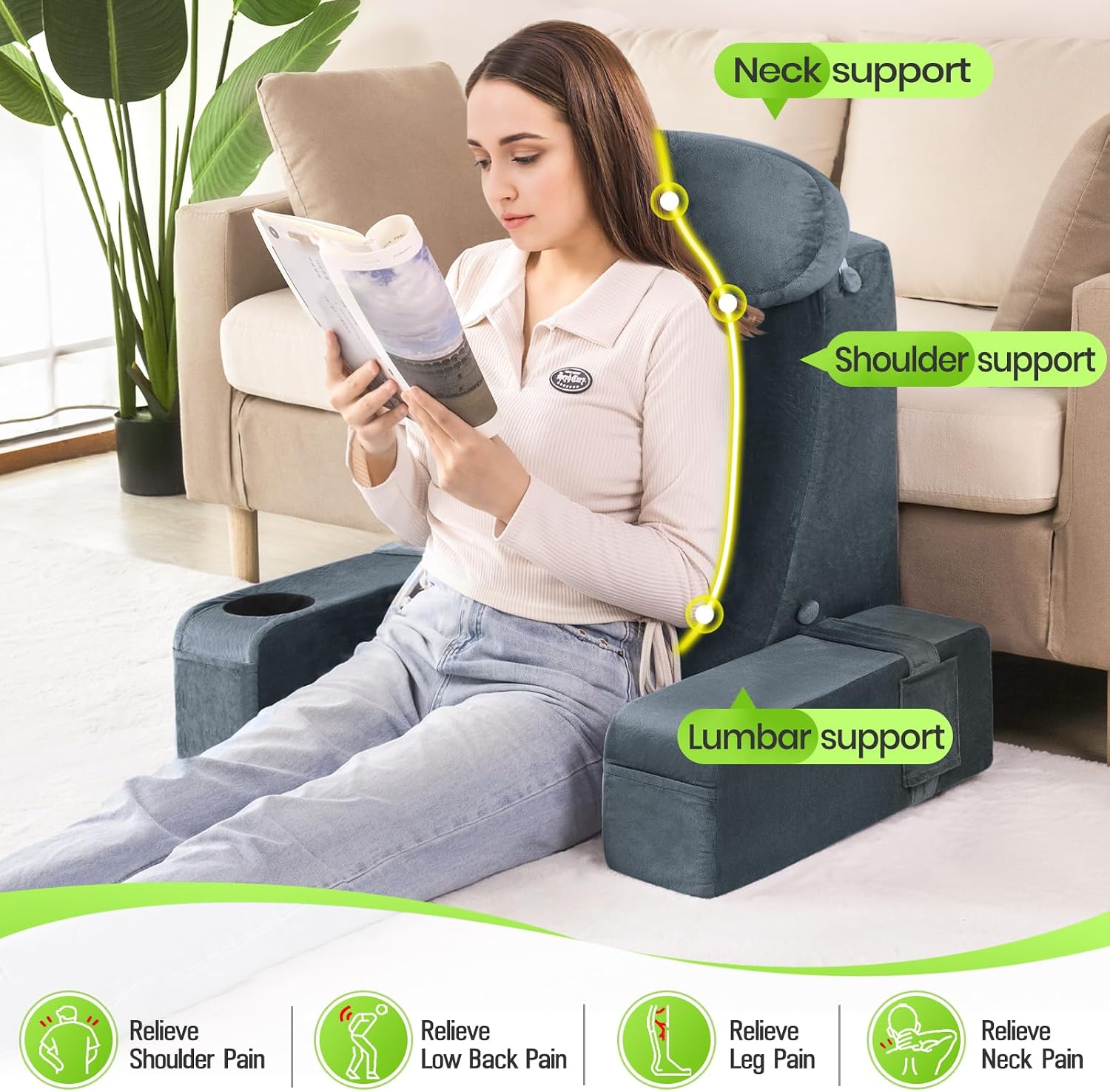 Asawesling 21 INCH Reading Pillow for Adults, Back Pillow for Bed Sitting Up, Backrest Pillow for Sitting in Bed, Detachable Arms with Buil…