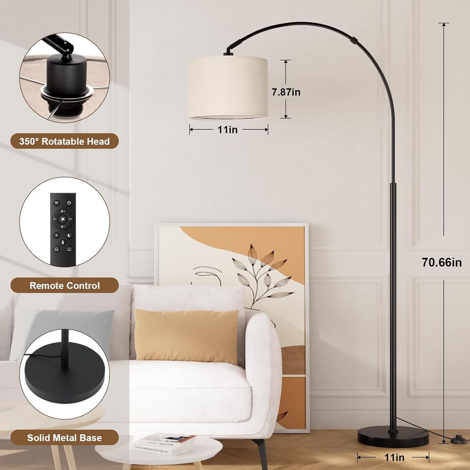 Ambimall 70 Dimmable Arc Floor Lamp with Remote, Color Temperatures and Brightness Adjustable, Arched Floor Lamp with Rotating Head, Over…
