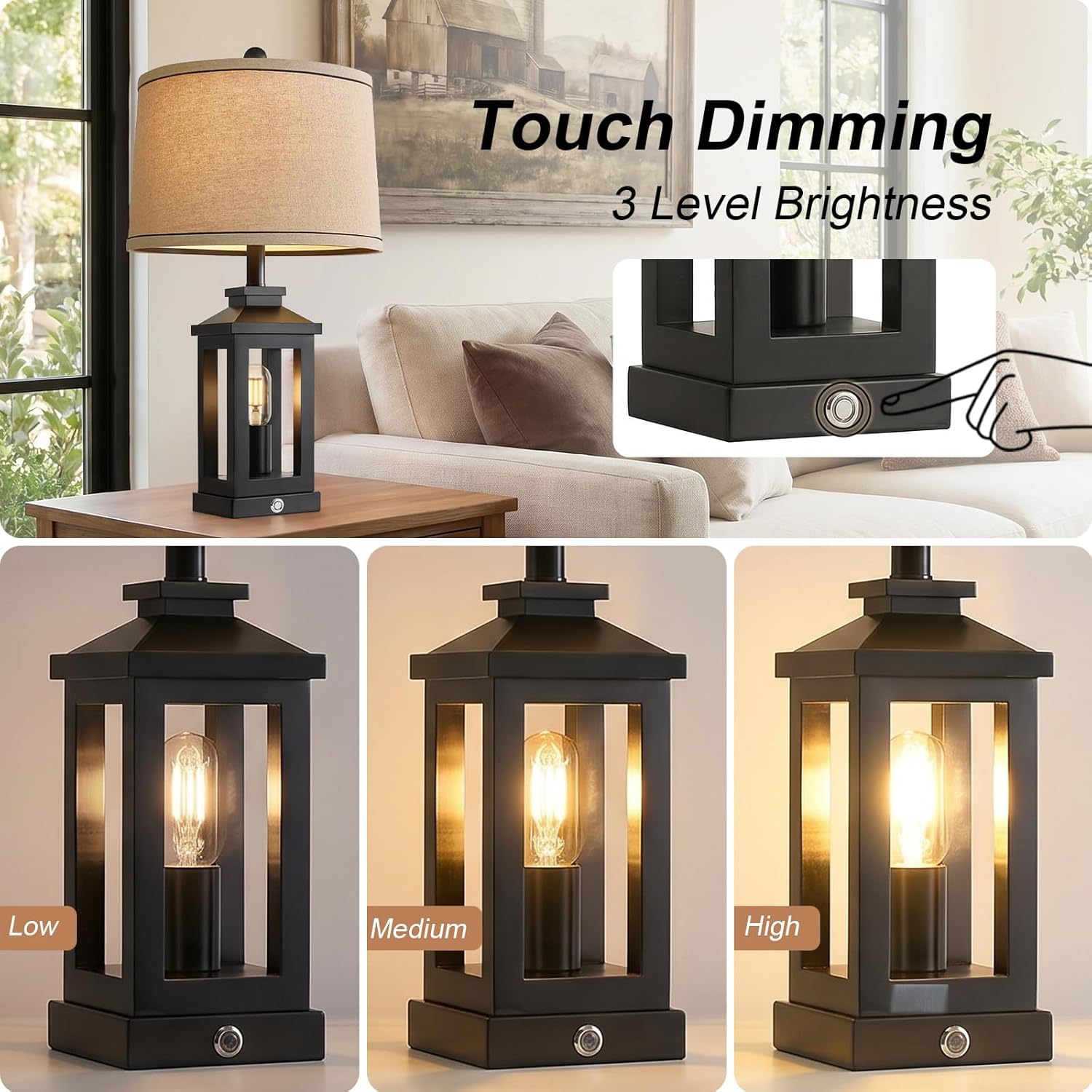 G-SAFAVA 23.75" Retro Farmhouse Black Table Lamp for Living Room Bedroom Nightstand Single Pack Touch Control Bedside Nightlight Vintage…