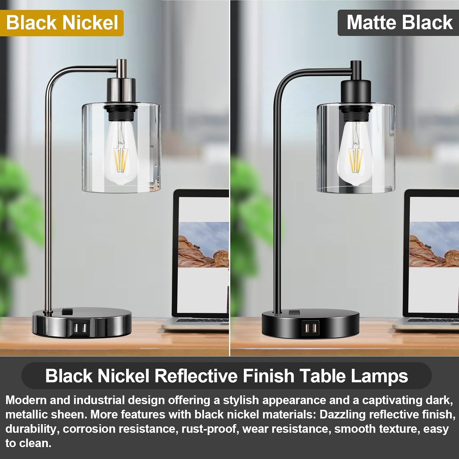 Industrial Touch Control Table Lamps Set of 2 - Black Nickel Bedside Lamps with 2 USB Ports & AC Outlet, 3-Way Dimmable Nightstand Desk…