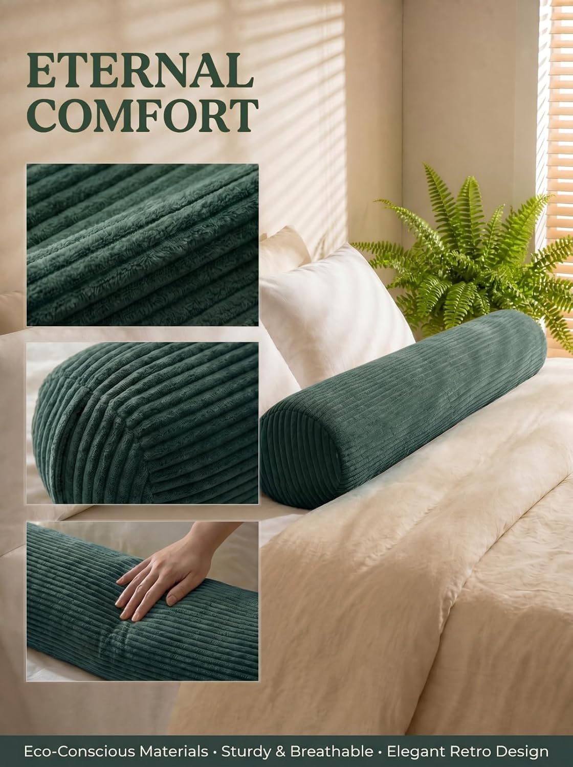 Long Cylinder Pillow–8x35.4 Inch Corduroy Lumbar Pillow, Shredded Sponge Filled for Neck, Back, Leg, Knee & Arm Support, Boho Decorative…