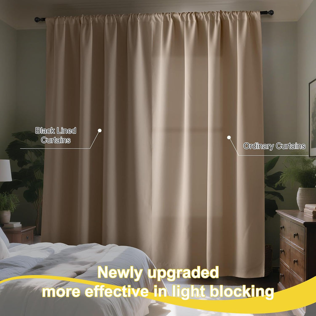 Nicetown 100% Blackout Curtains for Living Room, Taupe W52 x L84 Set of 2 Light Blocking & Soundproof Drapes, Rod Pocket Black Lined Window…