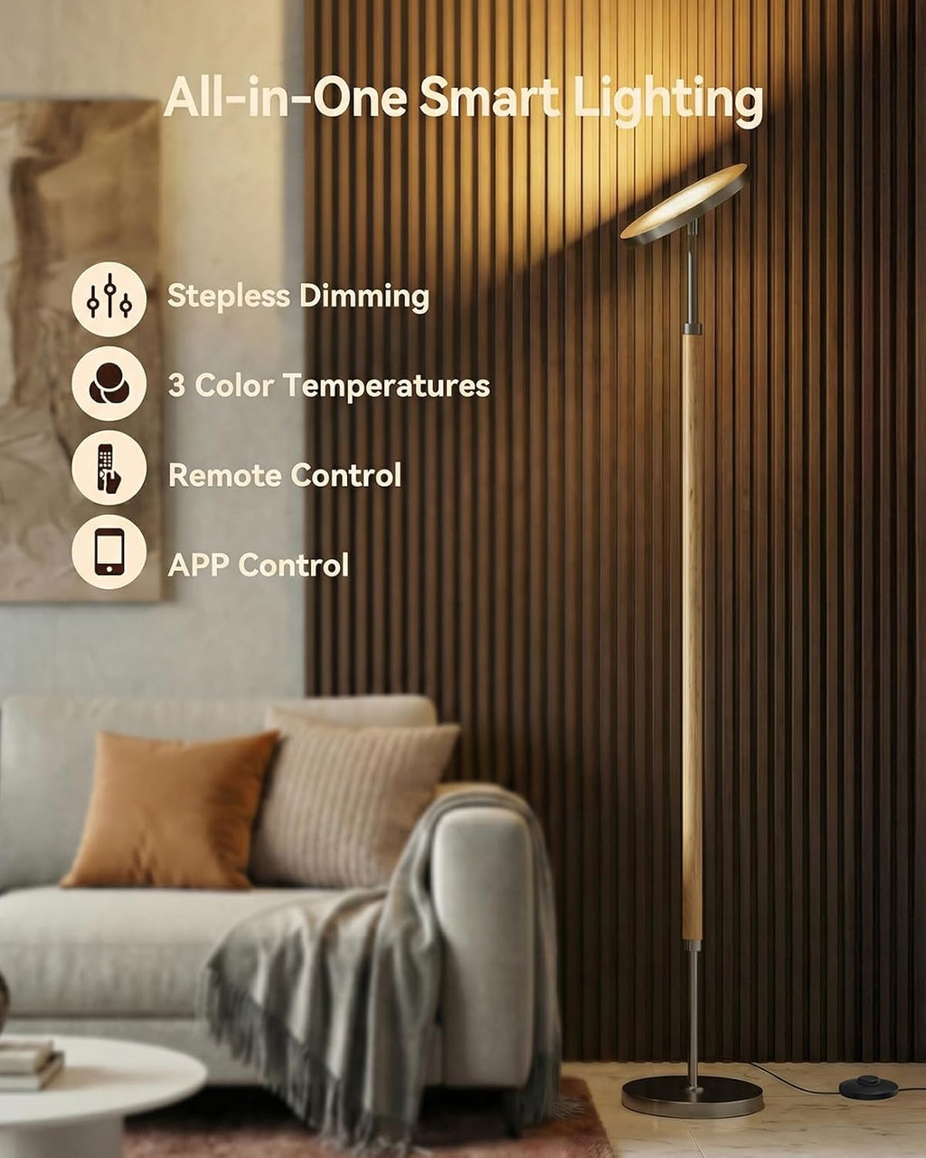 JOOFO Wood Torchiere Floor Lamp, Super Bright Stepless Dimmable LED Uplight Standing Lamp with Remote Adjustable Color Temperature…
