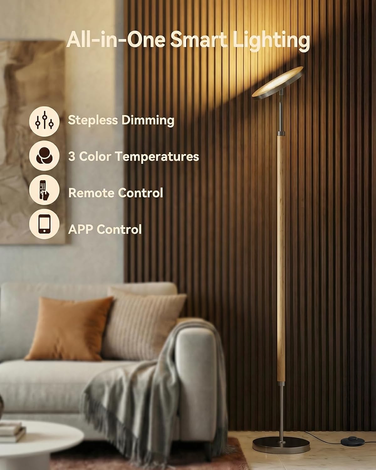 JOOFO Wood Torchiere Floor Lamp, Super Bright Stepless Dimmable LED Uplight Standing Lamp with Remote Adjustable Color Temperature…