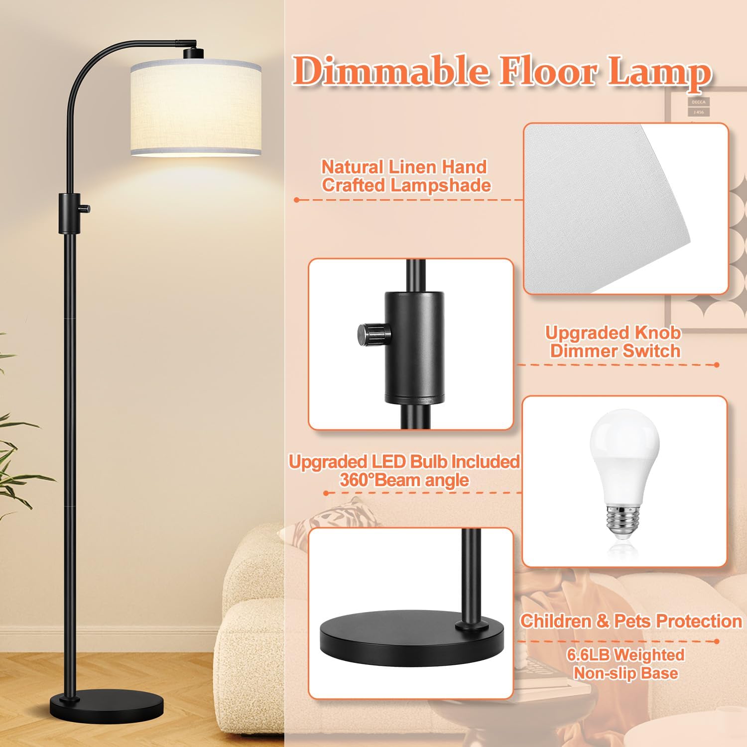 Nintiue Upgraded Modern Arc Dimmable Tall Standing Floor Lamp with White Shade, 1200 Lumens LED Bulb Included, for Living & Reading Room…