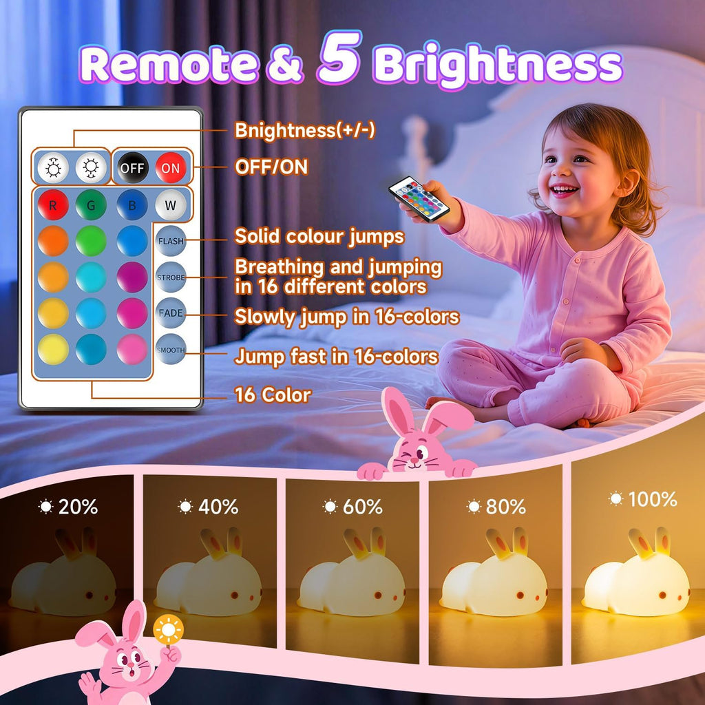 One Fire Bunny Squishy Gifts for Kids Night Light with Remote, 16 Colors+5 Brightness Cute Lamp, Fidget Bunny Stuff/Toys for Baby Toddler…