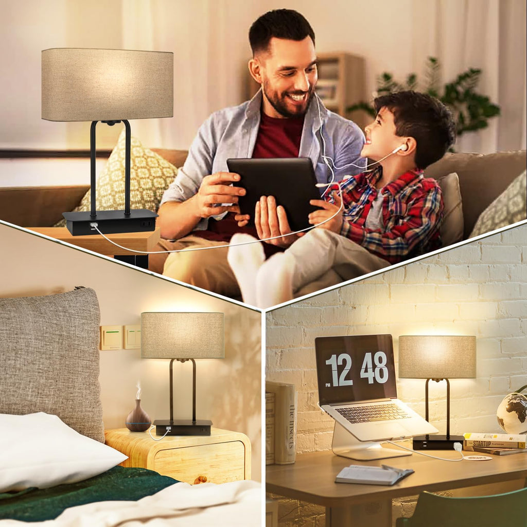16.1'' 3-Way Dimmable Touch Control Table Lamp with USB Ports and AC Power Outlet Modern Bedside Nightstand Lamp Fabric Shade and Metal…