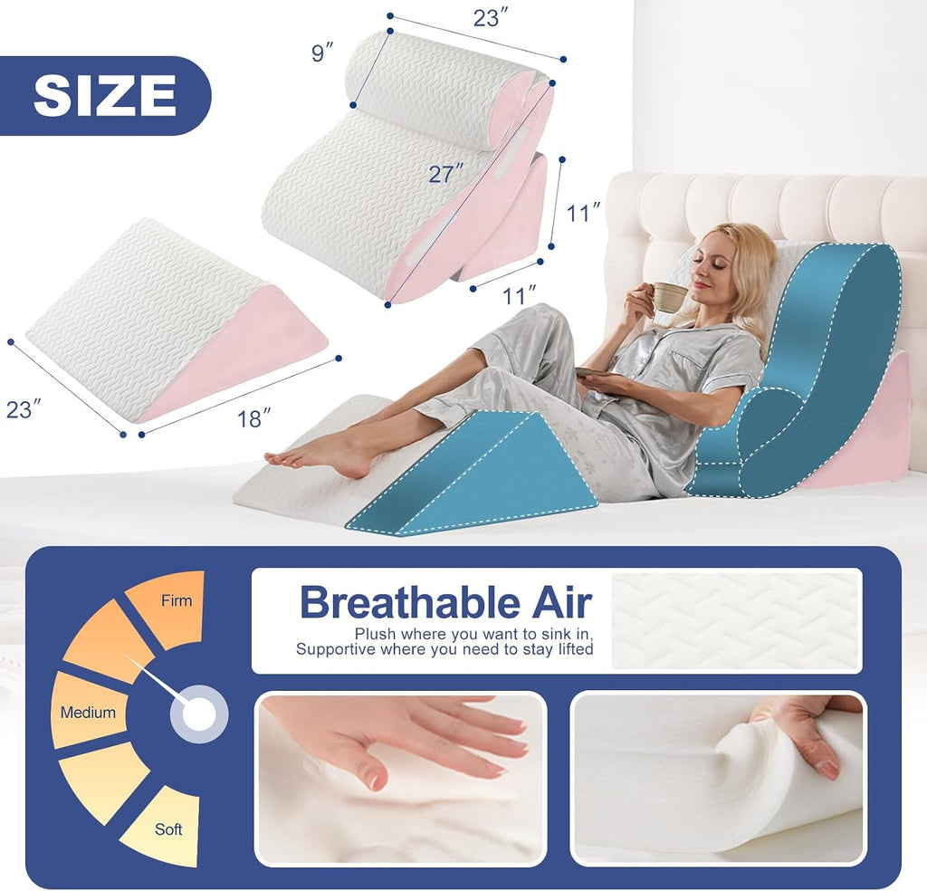 Wsofrlac 4PC Geriatric Wedge Pillow System - Elderly Bed Wedges for Sitting/Sleeping, Post Surgery Body Positioner with Non-Slip Base (Idea…