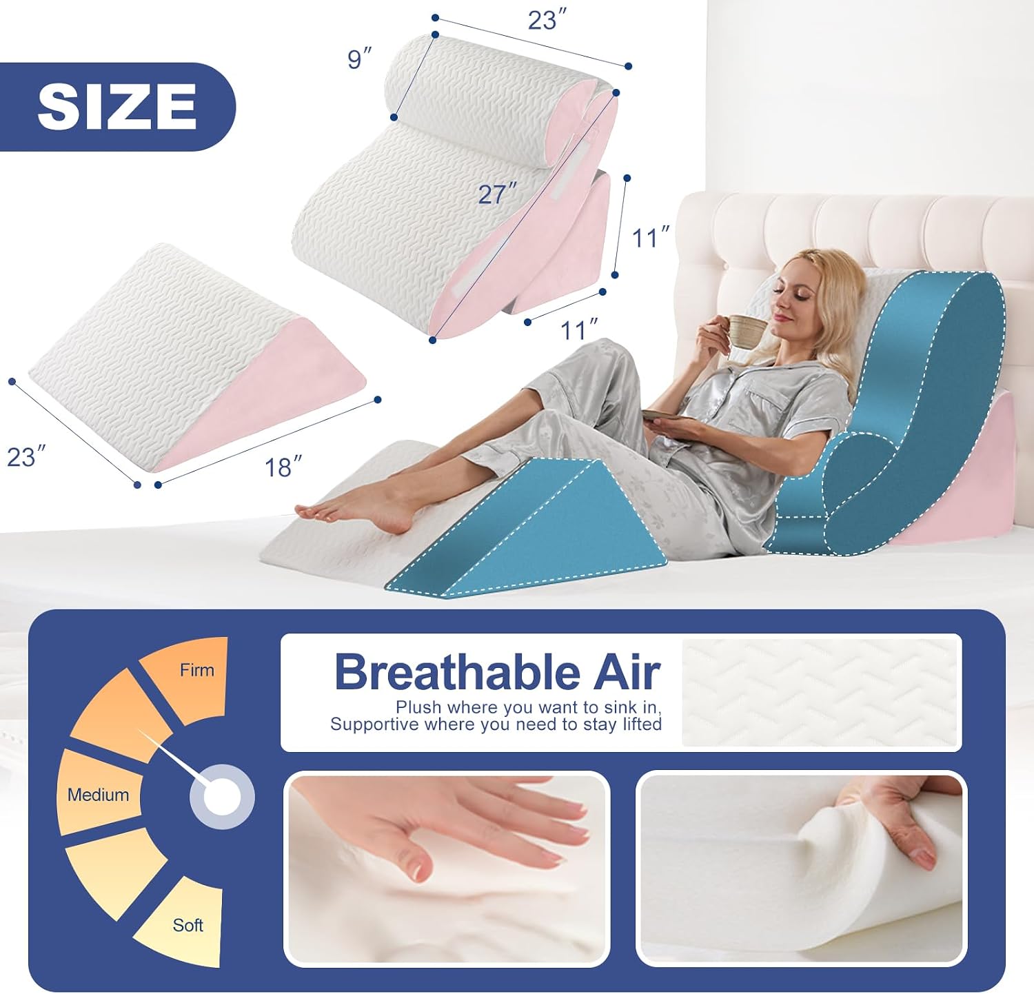 Wsofrlac 4PC Geriatric Wedge Pillow System - Elderly Bed Wedges for Sitting/Sleeping, Post Surgery Body Positioner with Non-Slip Base (Idea…