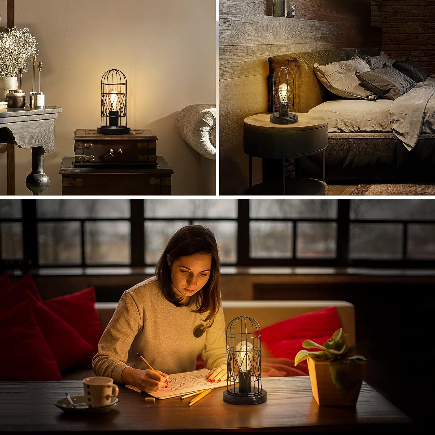 Industrial Table Lamp, Small Touch Lamp with Rustic Cage Vintage Bedside Lamp 3 Way Dimmable Nightstand Lamp Edison Desk Lamp for…