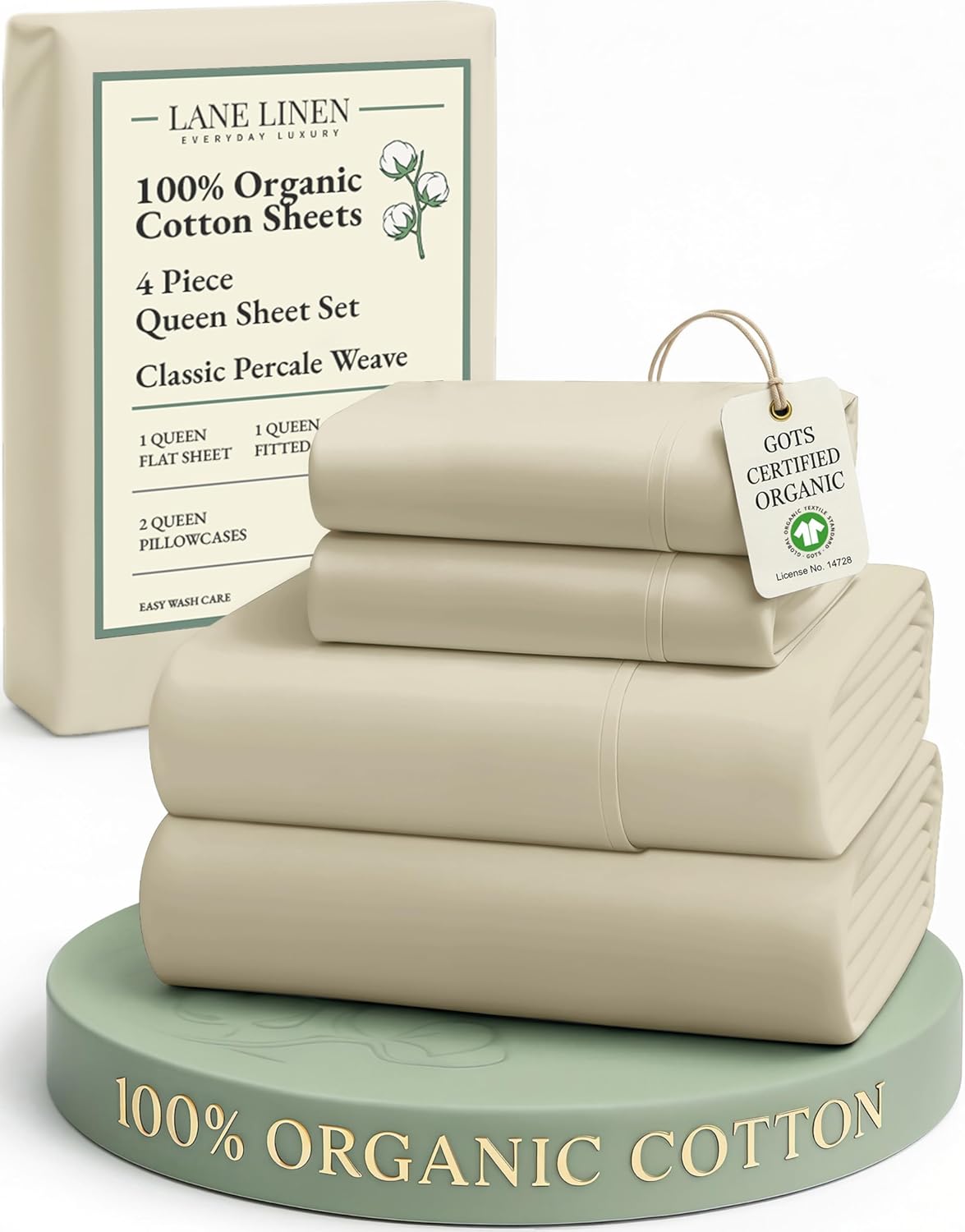 LaneLinen LANE LINEN 100% Organic Cotton Queen Size Sheets Set, Eco Friedly Mercerized Fully Elasticized Queen Sheets, Naturally Temperatur…