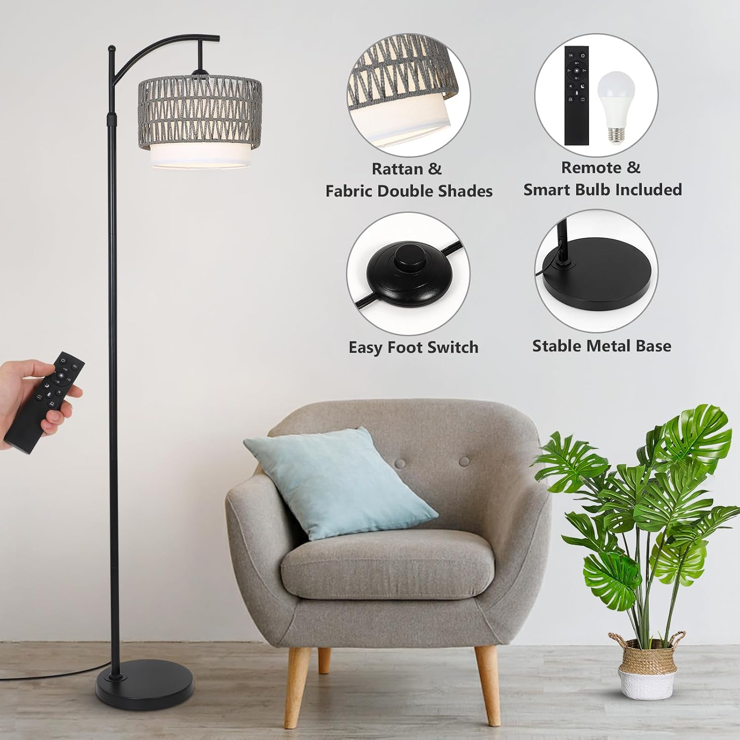 eyassi Floor Lamps for Living Room, Arc Standing Lamp with Remote & Dimmable Bulb, Boho Rattan Floor Lamp for Bedroom with 3 Color…