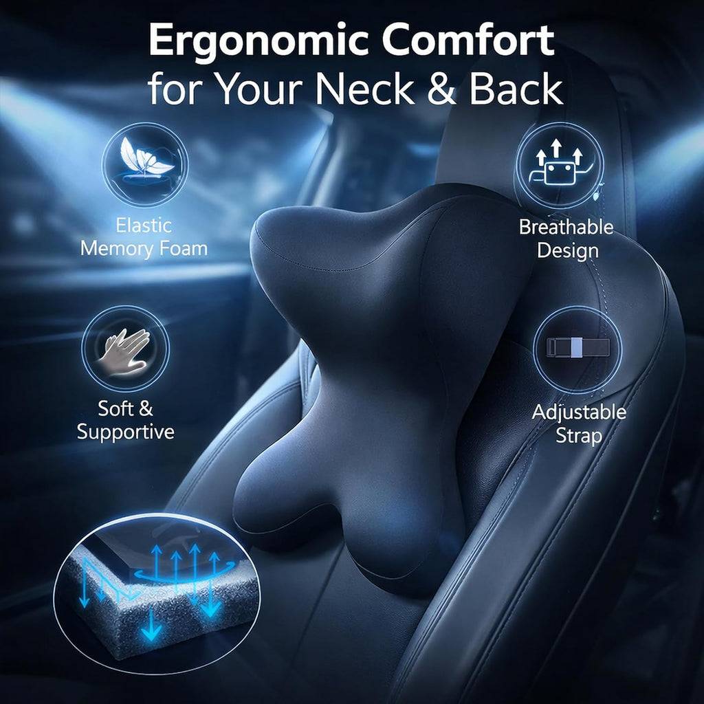 Car Headrest Pillow, Neck Support for Office Chair,100% Memory Foam Car Neck Pillow - Ergonomic Neck Support with Adjustable Double Strap…