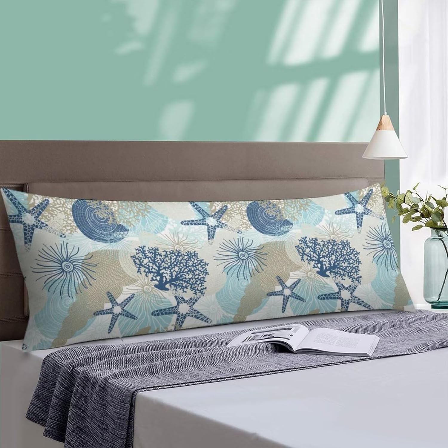 Body Pillow Cover Aqua Blue Nautical Coral Body Pillowcase Coastal Beach Theme Coral Starfish Decorative Rectangle Long Pillow Cases…