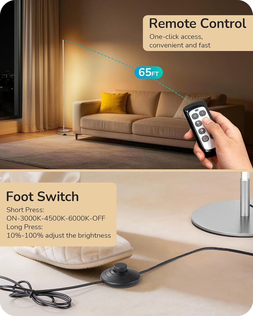 Edishine Dimmable Floor Lamp, 59.8" Standing Lamp with 3 Height Settings, Adjustable Color Temperature, Remote Control, Foot Switch, F…