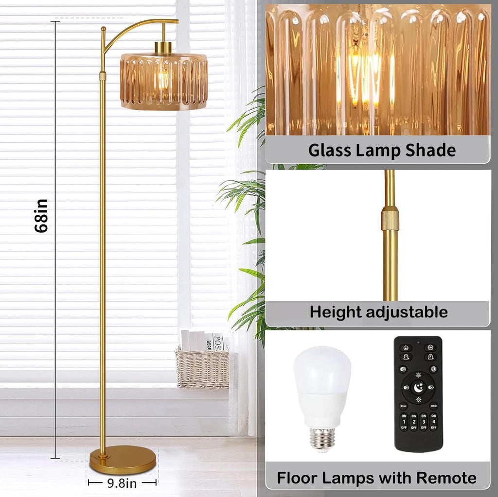 QIYIZM Glass Floor Lamp for Living Room, Bedroom, Gold Dimmable Standing Lamp with Remote, Mid Century Modern Brass Tall Lamp Boho Vintage…