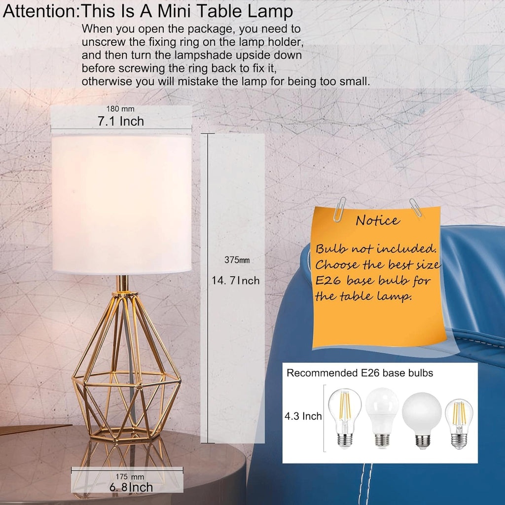 Gold Modern Hollow Out Base Bedroom Small Table Lamp, Bedside Nightstand Lamp with Geometric Metal Base White Fabric Shade, Cute Desk Lamp…