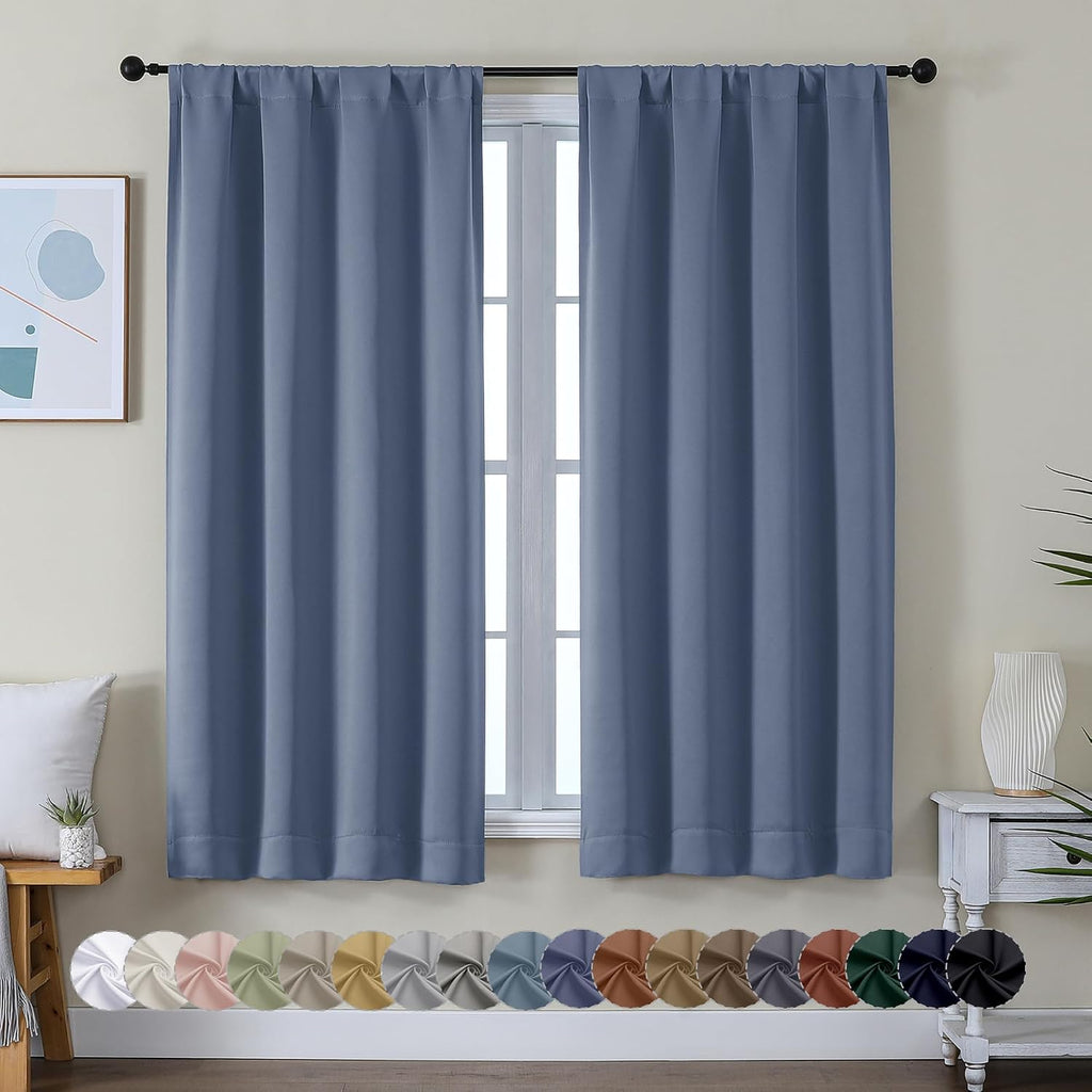 Simplebrand Ava Denim Blue Blackout Curtains for Bedroom 63 Inch Length 2 Panels, Solid Thermal Insulated Energy Saving Rod Pocket Window T…
