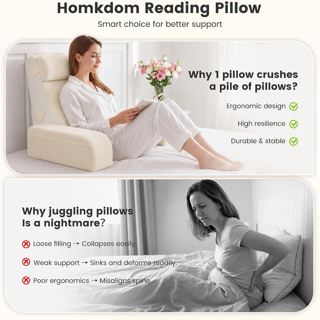 ElevateYourHome, EnhanceEver Homkdom Reading Pillow for Sitting in Bed Adult, 20" Back Pillow for Bed Sitting up with Armrests & Sto…