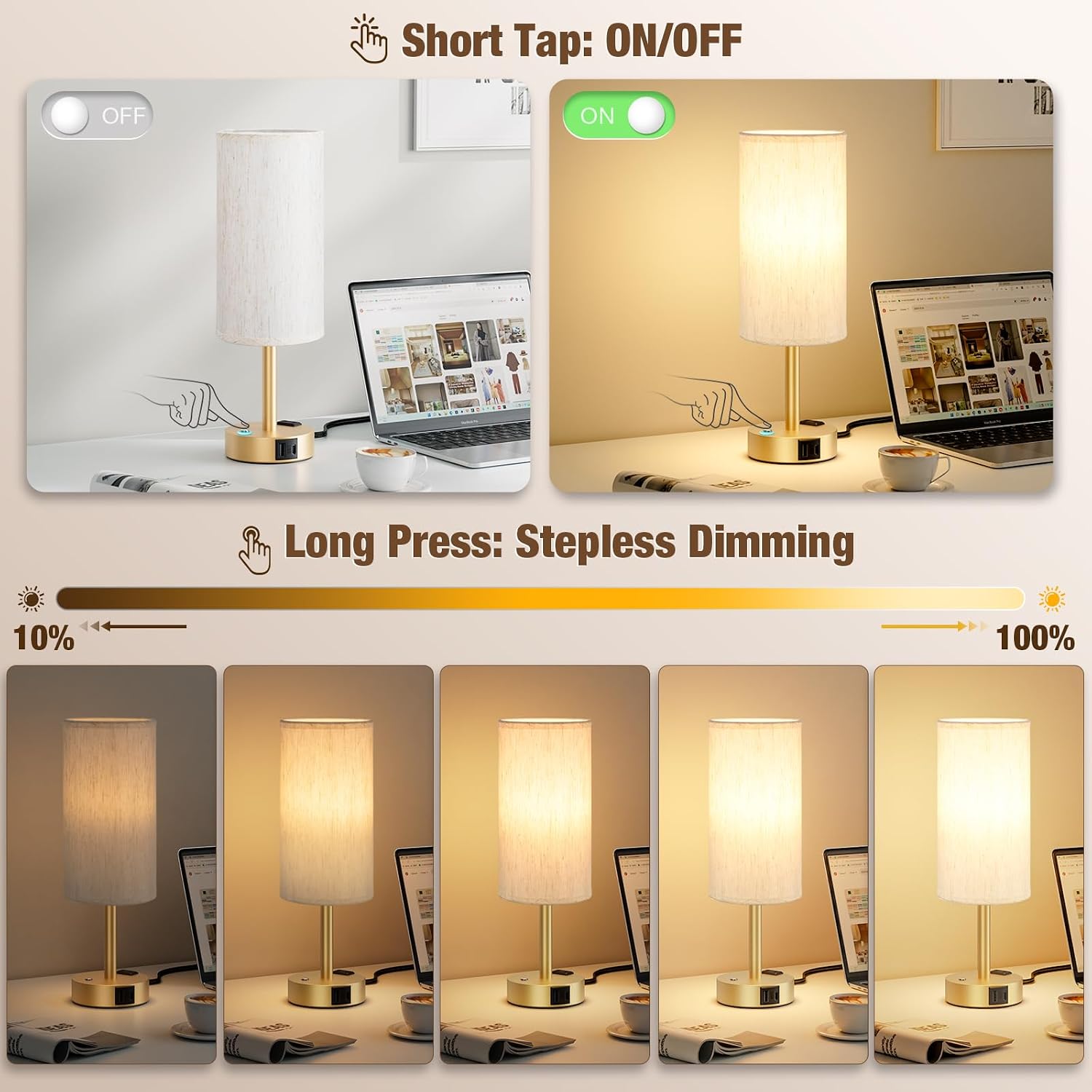 Aooshine Touch Bedside Table Lamp with Memory - Stepless Dimmable Lamp for Bedroom, Small Nightstand Lamp with Dual USB Charging Ports and…