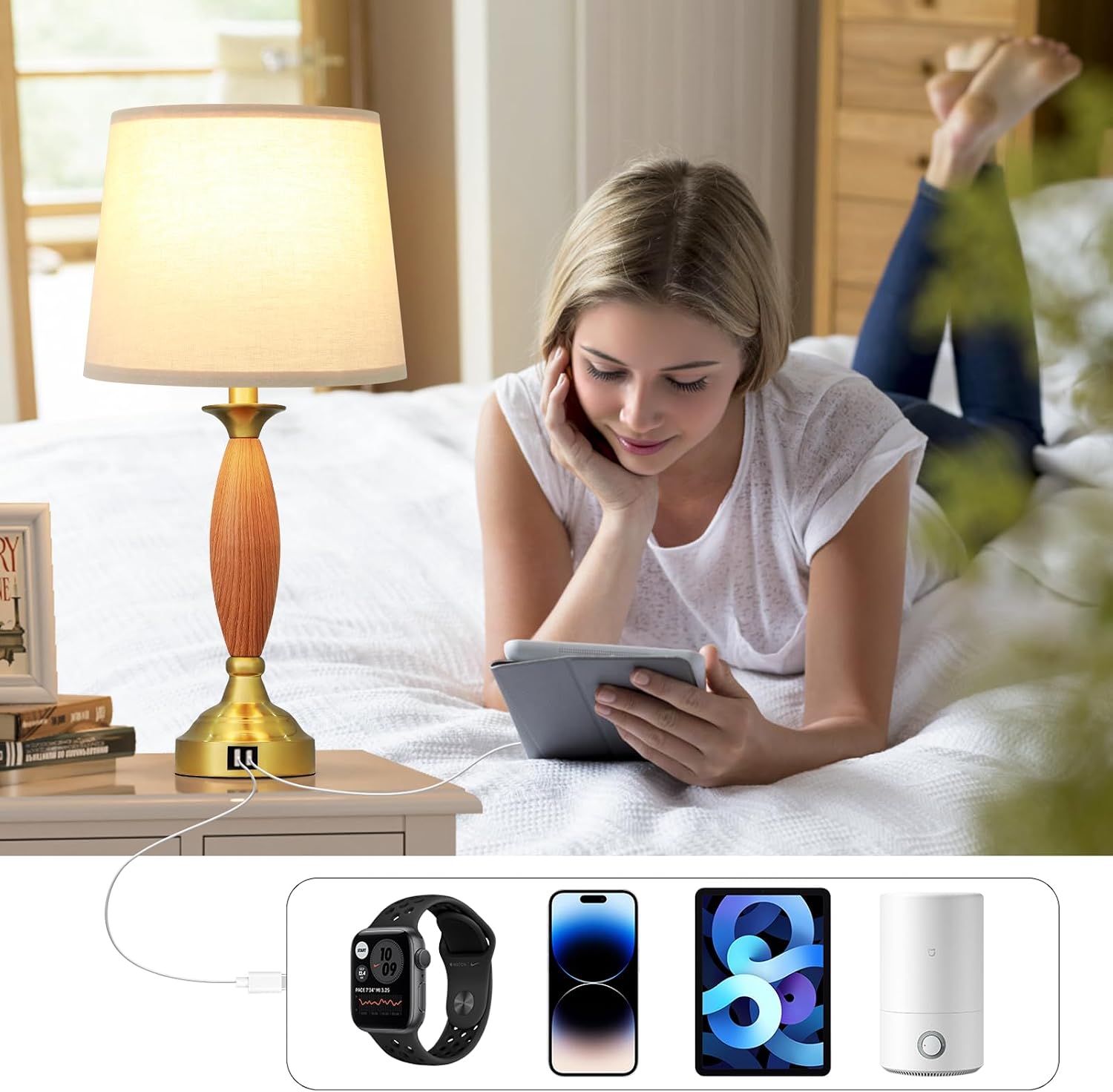 Seealle Touch Lamps for Nightstand - Bedroom Lamps Set of 2 with USB C+A, 3 Way Dimmable Contemporary Metal Wood Table Lamps for Living Room