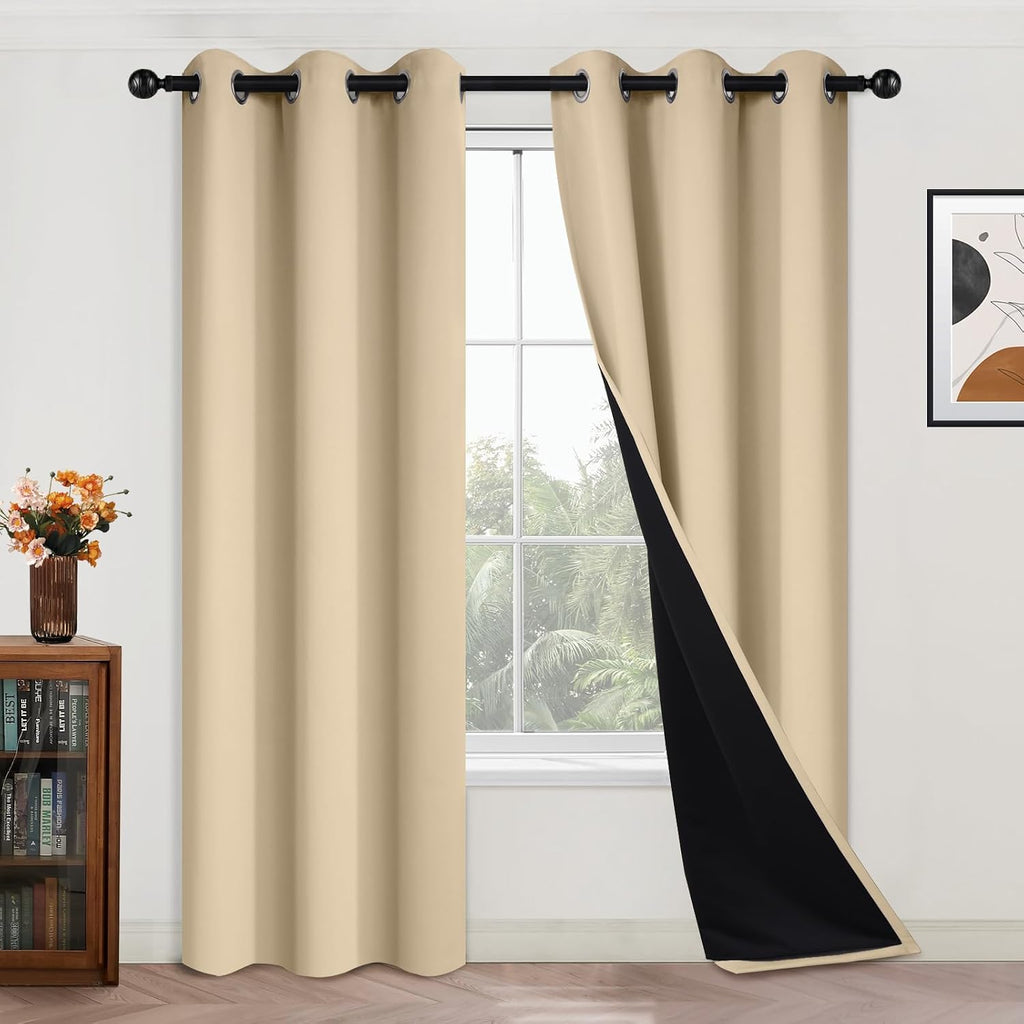 Yakamok Beige 100% Blackout Curtains, Thermal Insulated Total Blackout Drapes for Bedroom, Heat Blocking Window Curtains for Living Room(42…