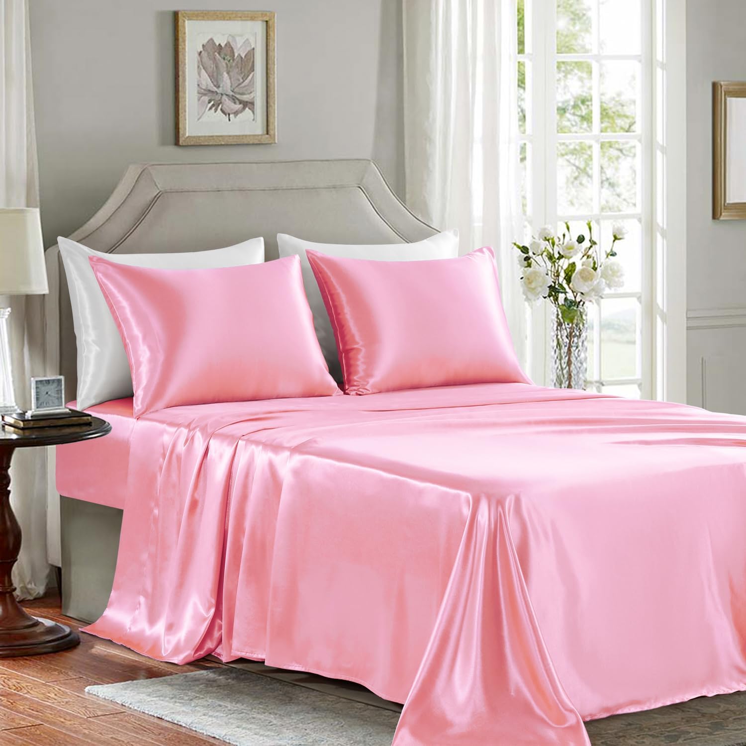 Golal Satin Sheets Queen Size - 4 Pieces Luxury Silky Soft Bed Sheets, Wrinkle-Free Light Pink Satin Silk Sheet Set with 1 Deep Pocket Fitt…