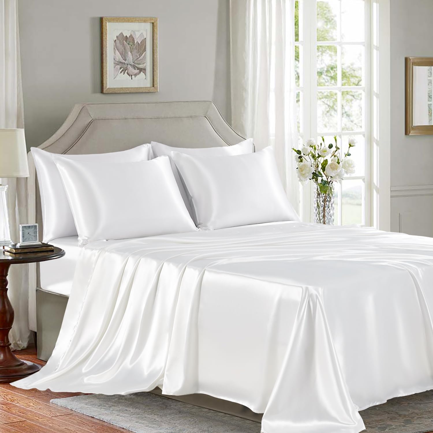 Golal Satin Sheets King Size - 6 Pieces Luxury Silky Soft Bed Sheets, Wrinkle-Free White Satin Silk Sheet Set with 1 Deep Pocket Fitted She…