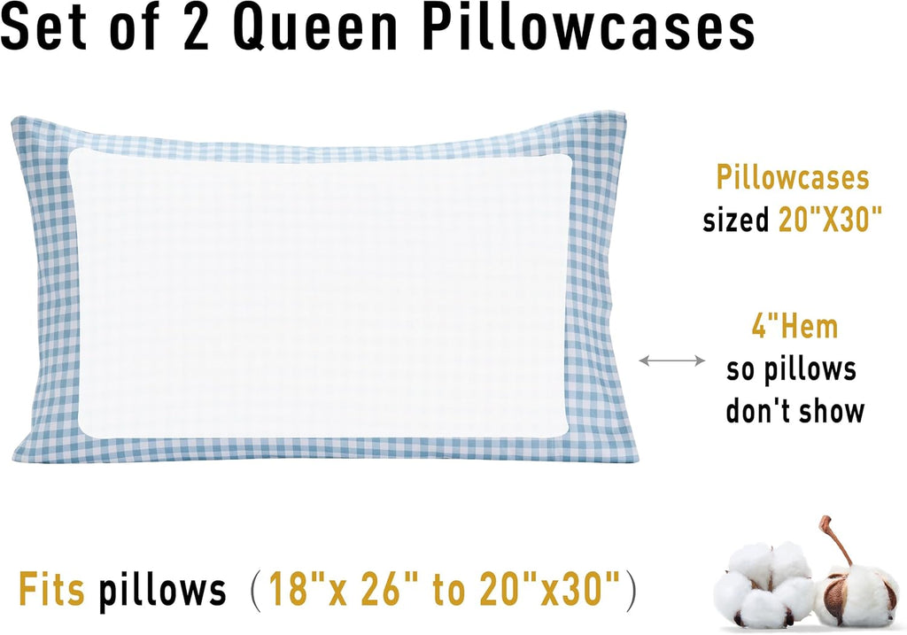 Sunflower Queen Pillowcases Set of 2, 100% Cotton Queen Size Pillow Cases 2, 20×30 inches Glacier Check, Soft and Breathable