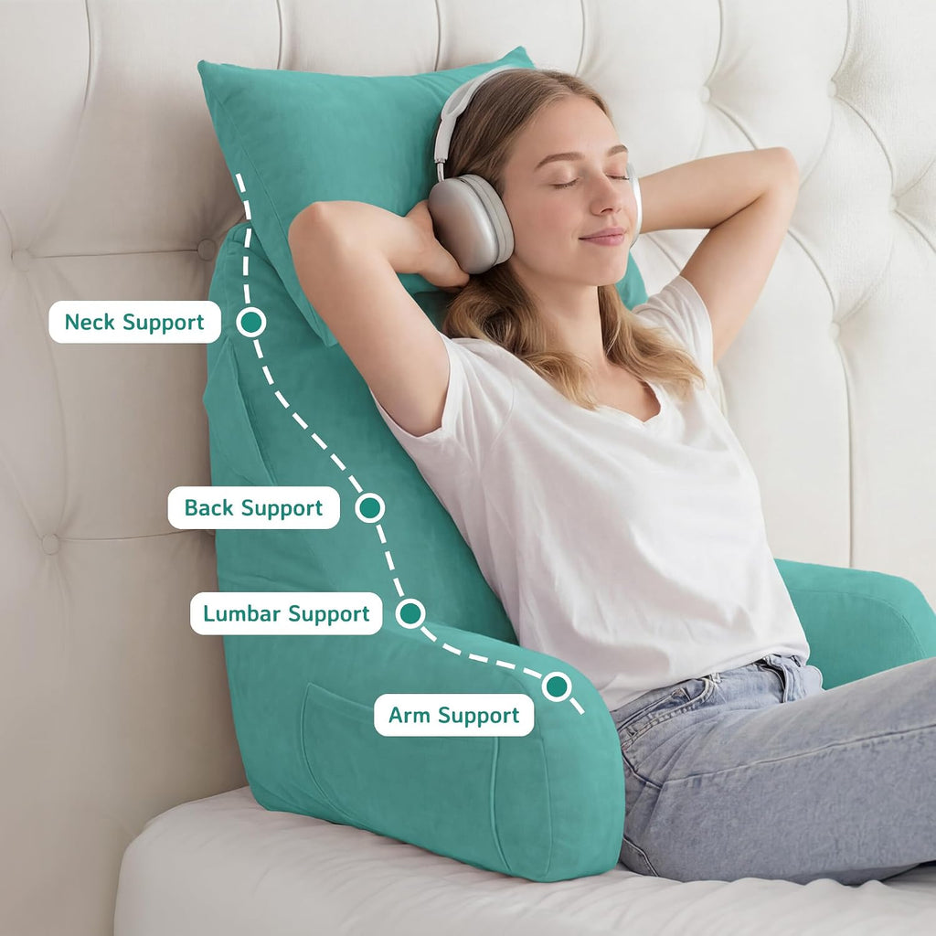 Unisakey Portable Reading Pillows with Headrest for Bed Sitting Up(Lake Blue Oeko-Tex), Velvet Back Pillow with Arms & Pockets for…