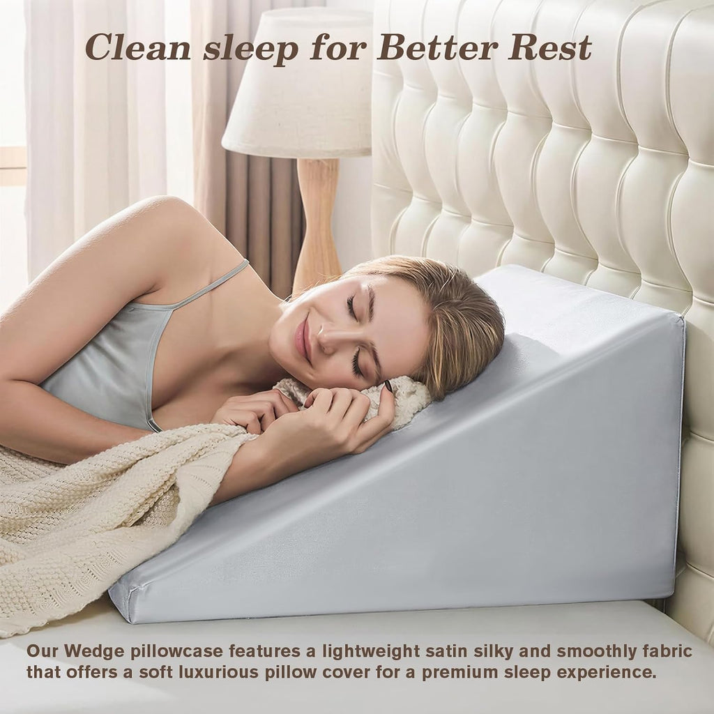 Wedge Pillow Case Cover with Zipper, Thickened Satin Fabric Soft & Skin-Friendly, Machine Washable, Light Grey, 25"x25"x8"