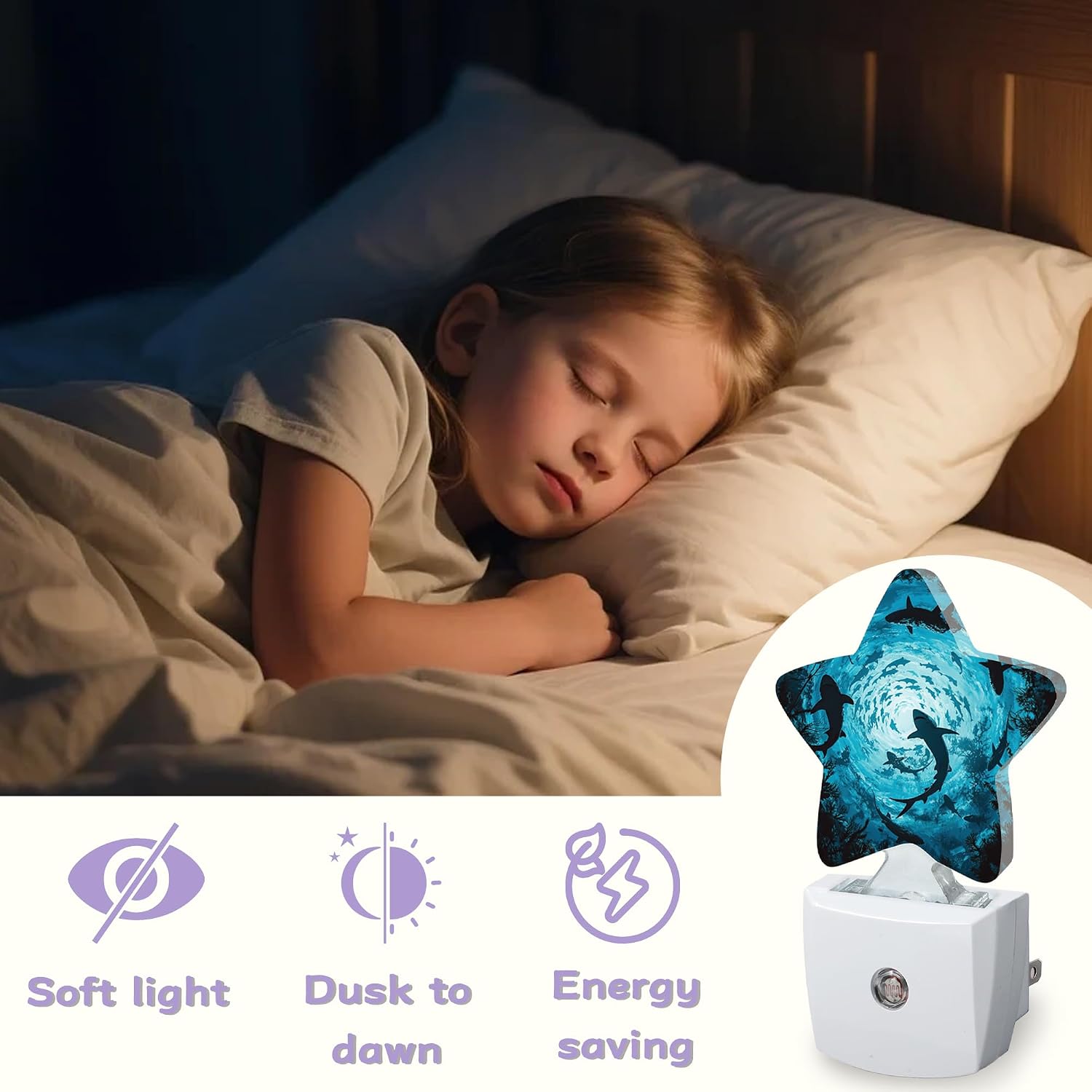 Sharks Swimming Decorative Nightlight Plug in Wall, Deep Blue Sea Star Shaped Night Light with Built in Sensor for Home Decor, Kitchen…
